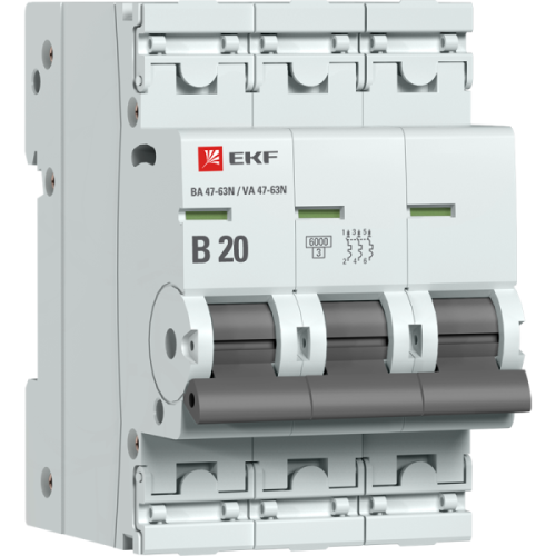 EKF Автоматический выключатель 3P 20А (B) 6кА ВА 47-63N PROxima (M636320B)