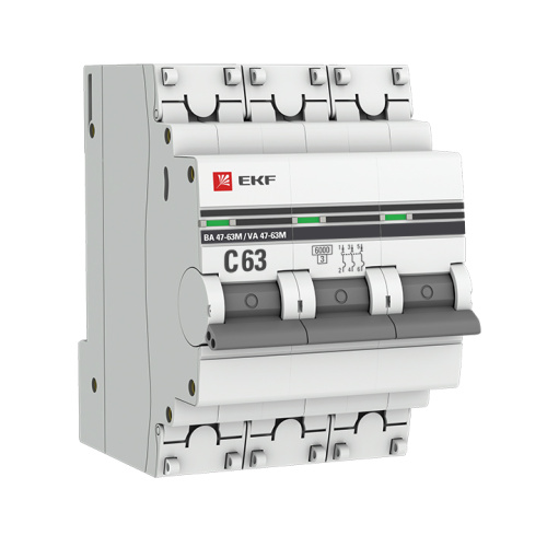 EKF Автоматический выключатель 3P 63А (C) 6кА ВА 47-63M c электромагнитным расцепителем  PROxima (mcb4763m-6-3-63C-pro)