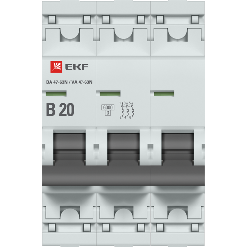 EKF Автоматический выключатель 3P 20А (B) 6кА ВА 47-63N PROxima (M636320B) фото 2