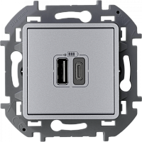 LEGRAND INSPIRIA Зарядное устройство   для скрытого монтажа , тип А-тип С, цвет &quot;Алюминий&quot;. Напряжение ~240В/=5В, максимальный зарядный ток 3000 мА (673762)