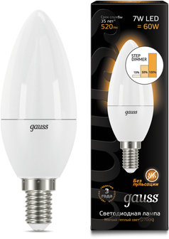 GAUSS Лампа светодиодная LED 7вт, 230в, Е14, теплый, step dim, свеча (103101107-S) GAUSS Лампа светодиодная LED 7вт, 230в, Е14, теплый, step dim, свеча (103101107-S)