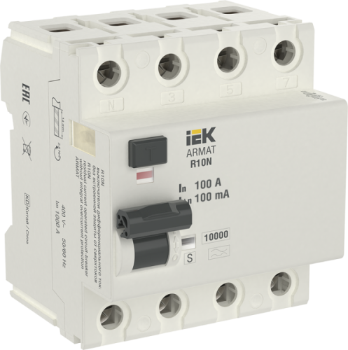 IEK ARMAT Выключатель дифференциального тока R10N (УЗО) 4п 100А 100мА тип A-S (AR-R10N-4-100AS100)