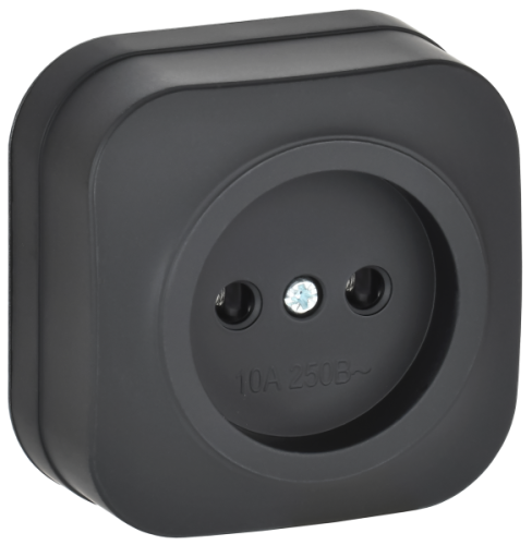 IEK GLORY Розетка 1-местная для открытой установки без заземления без защитных шторок 10А РС20-2-ХЧм черный матовый  (ERH10-K02M-10)