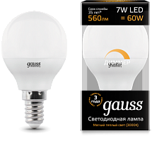 GAUSS Лампа светодиодная LED 7вт, 230в, Е14, теплый, dim, шар  (105101107-D)