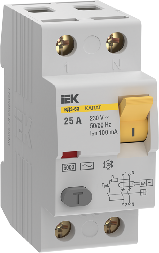 IEK Выключатель дифференциальный (УЗО) KARAT ВД3-63 2P 25А 100мА 6кА тип AC IEK (MDV20-2-025-100)
