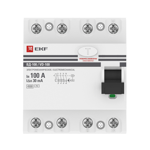 EKF Выключатель дифференциального тока  (УЗО)  ВД-100 4P 100А/30мА  (электромеханическое)  PROxima (elcb-4-100-30-em-pro) фото 2