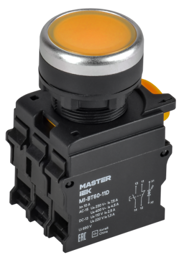 IEK Кнопка с подсветкой d=22мм 1NO+1NC жёлтая MASTER  (MI-BT60-11D-3-12-K05)