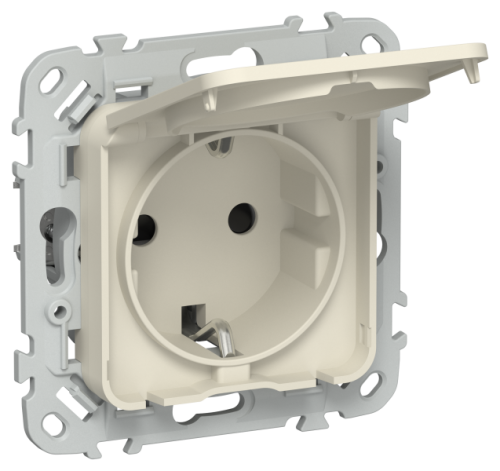 FLITE Розетка с заземлением с защитными шторками и крышкой безвинтовое крепление 16А IP44  сливочный (FI-R16-16-1-44-K86)
