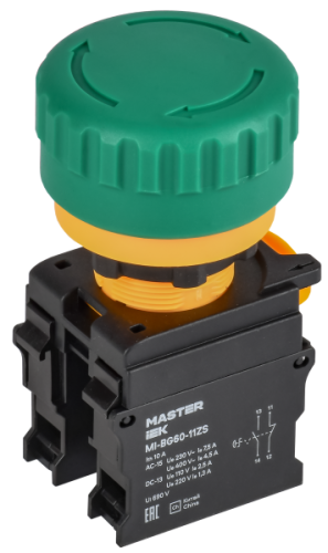 IEK Кнопка ''Грибок'' поворотная с фиксацией 1NO+1NC зелёная MASTER ' (MI-BG60-11ZS-3-23-K06)