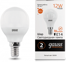 GAUSS Лампа светодиодная LED 12Вт 880lm E14 3000K Elementary Шар  (53112)