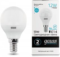 GAUSS Лампа светодиодная LED 12Вт 920lm E14 4100K Elementary Шар  (53122)