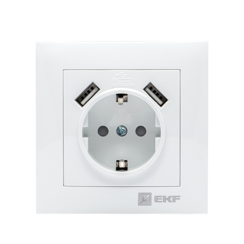 EKF Валенсия розетка 1-местная с/з 16А белая с защ. штор. с 2 USB 2,1А EKF PROxima (EWR16-028-10-2USB) фото 2