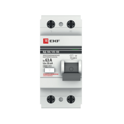 EKF Выключатель дифференциального тока  (УЗО) ВД-100 2P 63А/30мА  (электромеханическое) PROxima (elcb-2-63-30-em-pro) фото 2