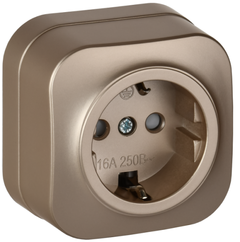IEK GLORY Розетка 1-местная для открытой установки с заземлением с защитными шторками 16А РСш20-3-ХШм шампань матовый  (ERH14-K37M-16)