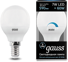 GAUSS Лампа светодиодная LED 7вт, 230в, Е14, белый, dim, шар  (105101207-D)