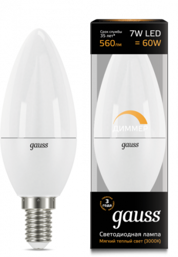 GAUSS Лампа светодиодная LED 7вт, 230в, Е14, теплый, dim, свеча  (103101107-D)