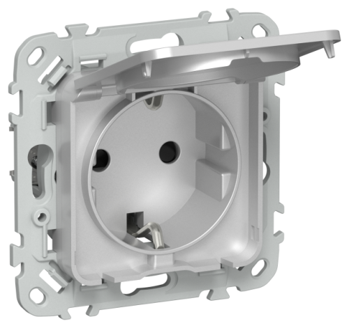 FLITE Розетка с заземлением с защитными шторками и крышкой безвинтовое крепление 16А IP44  алюминий (FI-R16-16-1-44-K47)