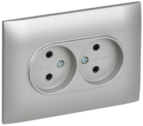 IEK SKANDY Розетка 2-местная без заземления с защитными шторками 10А в сборе SK-R09S серебряный  (SK-R23-10-K23-F)