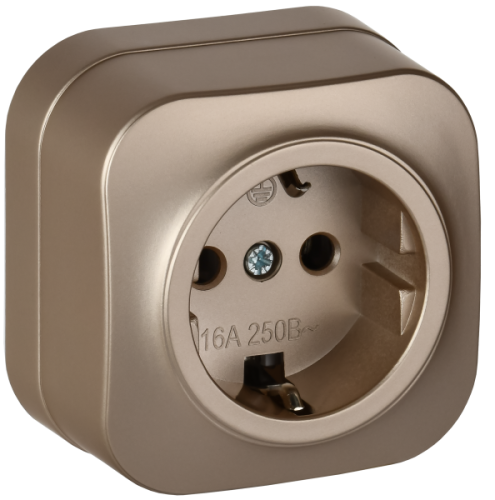 IEK GLORY Розетка 1-местная для открытой установки с заземлением без защитных шторок 16А РС20-3-ХШм шампань матовый  (ERH11-K37M-16)
