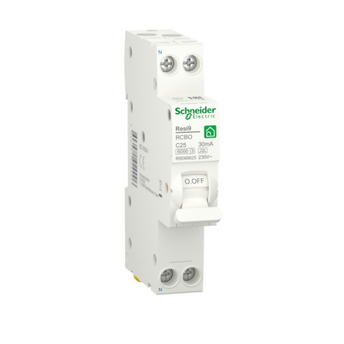 SCHNEIDER ELECTRIC RESI9 АВТ. ВЫКЛ. ДИФФЕРЕНЦИАЛЬНОГО тока АВДТ 1P+N С 25А 6000A 30мА 18mm тип A (R9D88625)