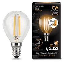 GAUSS Лампа светодиодная LED 7Вт 230в, E14 Filament теплый шар  (105801107)