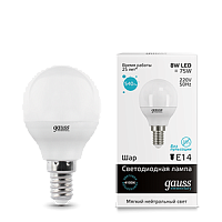 GAUSS Лампа светодиодная LED 8вт 230в,Е14,белый, шар Elementary (53128)
