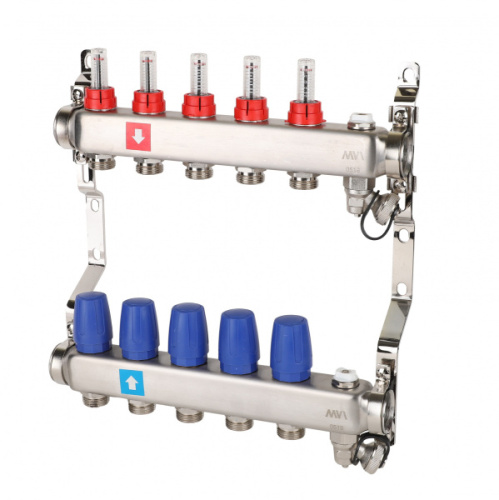 MVI Коллекторная группа с расходомерами 1' х 5 выходов 3/4' НР евроконус с дренажным краном и воздухоотводчиком (MS.705.06)