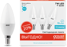 GAUSS Лампа светодиодная LED 7Вт 230в, E14 белый свеча ПРОМО  (3шт в упак) (33127T)