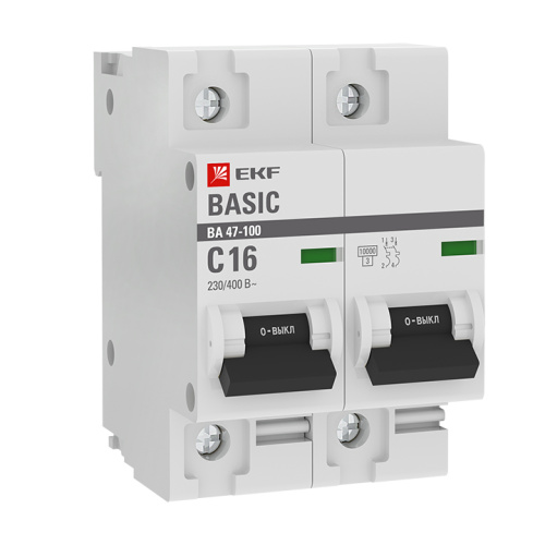 EKF Автоматический выключатель 2P  16А (C) 10kA ВА 47-100  Basic (mcb47100-2-16C-bas)