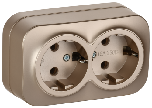 IEK GLORY Розетка 2-местная для открытой установки с заземлением без защитных шторок 16А РС22-3-ХШм шампань матовый  (ERH21-K37M-16)