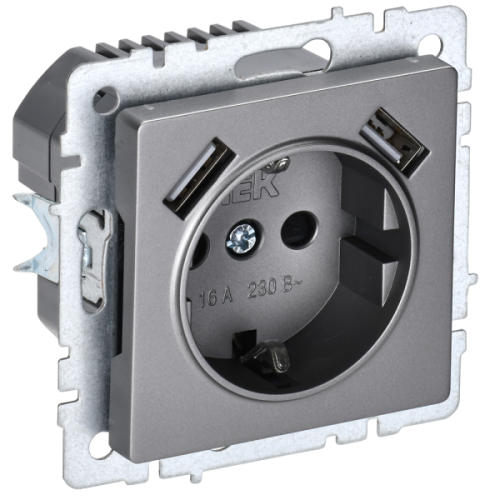 IEK BRITE Роз. с з/к/ш 16А с USB A+A 3,1А РЮш10-2-БрС сталь IEK (BR-R14-16-U21-D31-K46)
