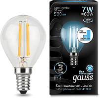 GAUSS Лампа светодиодная LED 7Вт 230в, E14 Filament белый шар  (105801207)