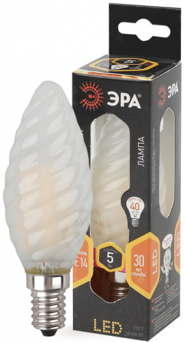 ЭРА Лампа светодиодная филаментная F-LED BTW-5W-827-E14 frost  (филамент, свеча витая мат., 5Вт, тепл, E (Б0027937)