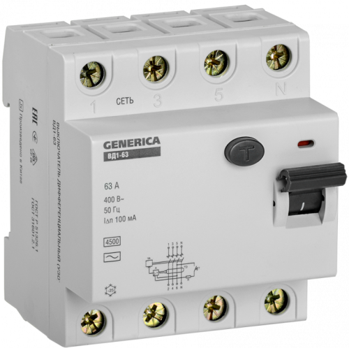 IEK УЗО ВД1-63 4Р 63А 100мА GENERICA (MDV15-4-063-100)
