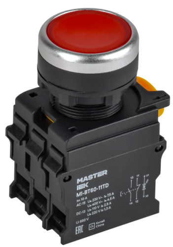 IEK Кнопка с подсветкой и фиксацией d=22мм 1NO+1NC красная MASTER  (MI-BT60-11TD-3-11-K04)