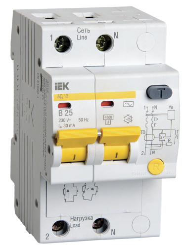IEK Выключатель автоматический дифференциальный АД12 2Р B25 30мА (MAD10-2-025-B-030)