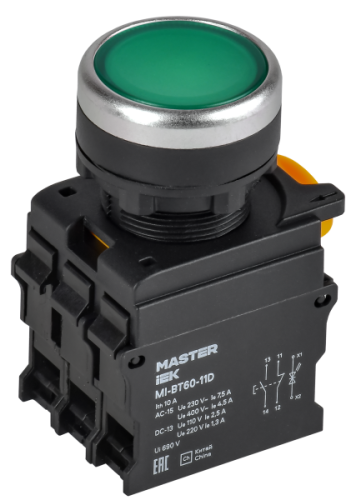 IEK Кнопка с подсветкой d=22мм 1NO+1NC зелёная MASTER  (MI-BT60-11D-3-12-K06)
