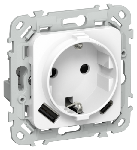 FLITE Розетка 1-местная с заземлением с защитными шторками 16А с USB A+C 20Вт безвинтовое крепление  белый (FI-R14-16-1-U22-020-K01)