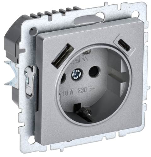 IEK BRITE Роз. с з/к/ш 16А с USB A+C 18Вт РЮш11-1-БрА алюм. IEK (BR-R14-16-U22-018-K47)