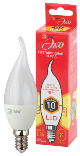 ЭРА Лампа светодиодная ECO LED BXS-10W-827-E14  (диод, свеча на ветру, 10Вт, тепл, E14  (10/100/2800)  (Б0040885)