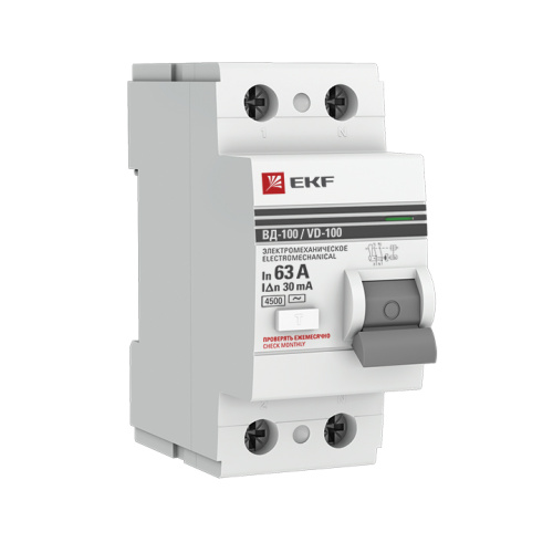 EKF Выключатель дифференциального тока  (УЗО) ВД-100 2P 63А/30мА  (электромеханическое) PROxima (elcb-2-63-30-em-pro)