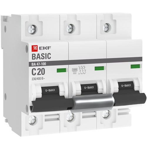 EKF Автоматический выключатель 3P  20А (C) 10kA ВА 47-100  Basic (mcb47100-3-20C-bas)