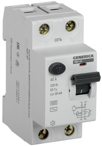 IEK Выключатель дифференциального тока (УЗО) ВД1-63 2Р 40А 30мА GENERICA (MDV15-2-040-030)