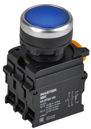 IEK Кнопка с подсветкой d=22мм 1NO+1NC синяя MASTER (MI-BT60-11D-3-12-K07) IEK Кнопка с подсветкой d=22мм 1NO+1NC синяя MASTER (MI-BT60-11D-3-12-K07)