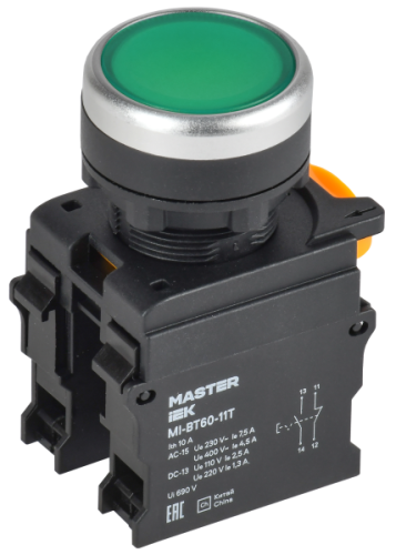IEK Кнопка с фиксацией d=22мм 1NO+1NC зелёная MASTER  (MI-BT60-11T-3-21-K06)