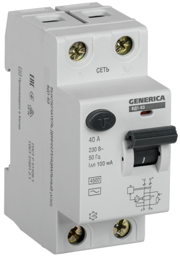 IEK УЗО ВД1-63 2Р 40А 100мА GENERICA (MDV15-2-040-100)