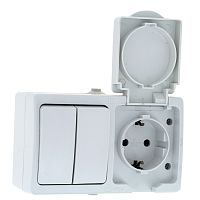 EKF Блок-розетка Венеция-выключатель 2-клавишный 16А с заземлением с крышкой IP54 белый с защитной штор (EVRV16-052-10-540)