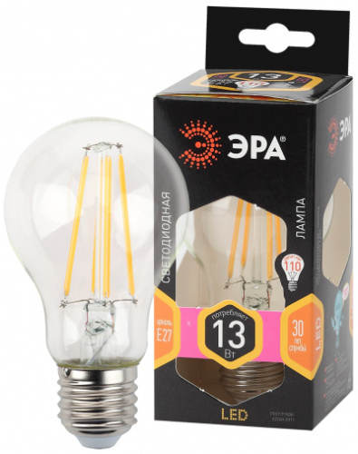 ЭРА Лампа светодиодная F-LED A60-13W-827-E27   (филамент, груша, 13Вт, тепл., Е27)  (10/100/1500)  (Б0035027)