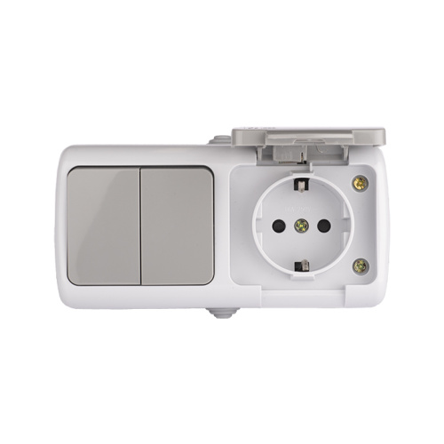 EKF Блок розетка Мурманск 1-м 16А с заземлением с крышкой + двухклавишный выключатель IP54 серый (EFRV16-052-30-540)