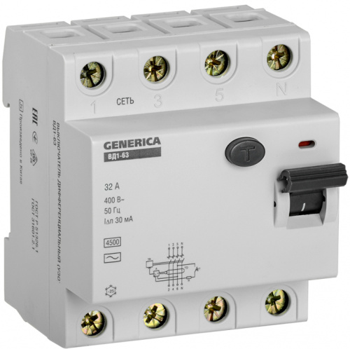 IEK Выключатель дифференциального тока (УЗО) ВД1-63 4Р 32А 30мА GENERICA (MDV15-4-032-030)